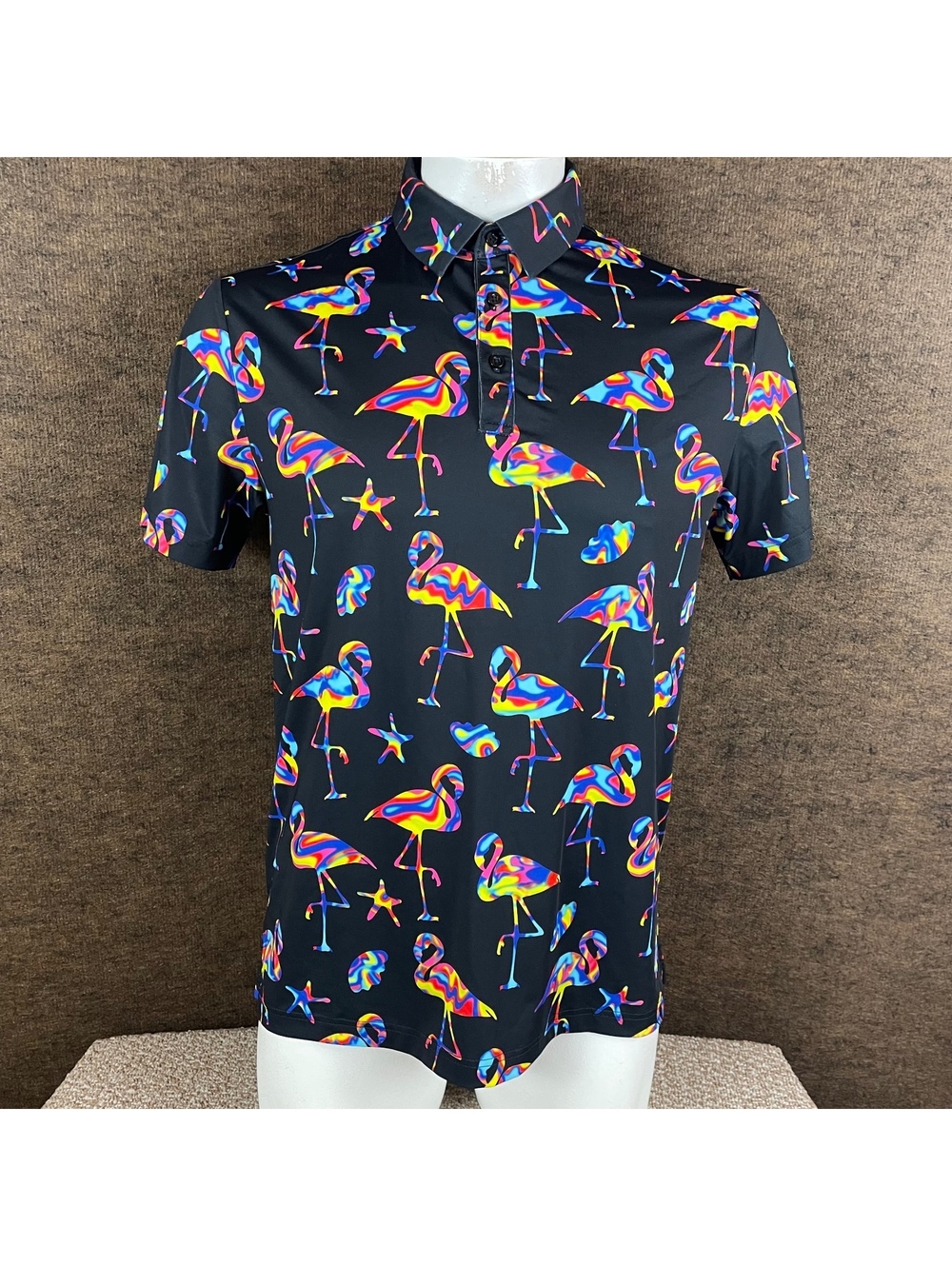 Birdie Bound Mens M Golf Polo Shirt Stretch Performance Black Flamingos A47